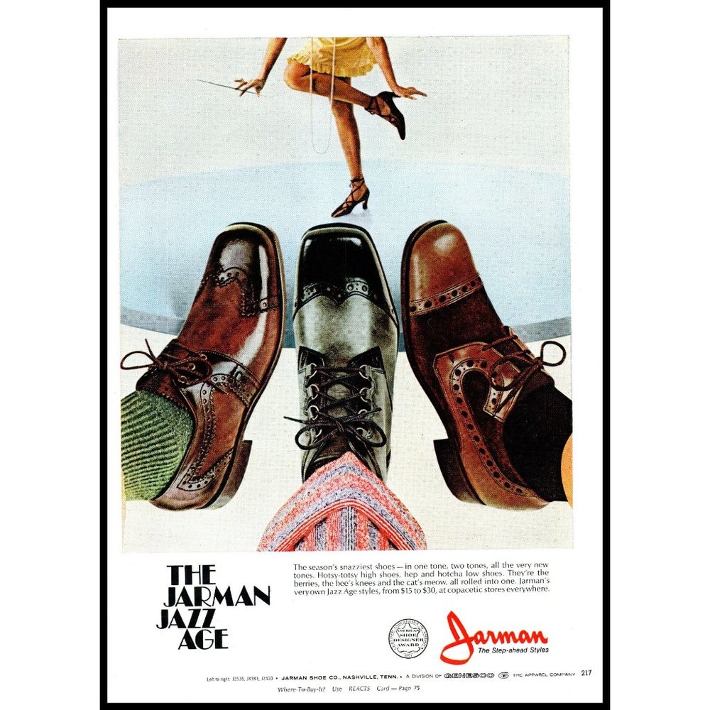 1971 Jarman Jazz Age Square Toe Wing Tip Shoes Vintage Print Ad Flapper Dress